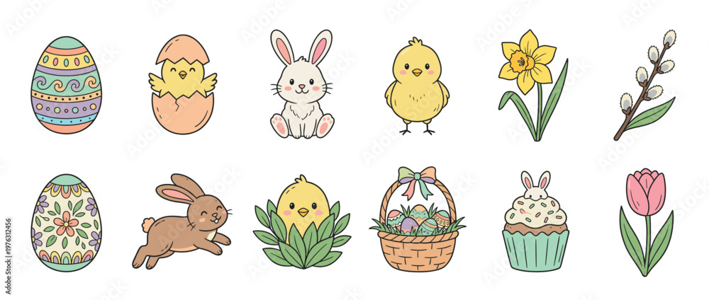 Fototapeta premium Cute Easter eggs, bunnies, chicks, and spring flowers vector illustration set for holiday designs and seasonal celebrations.
