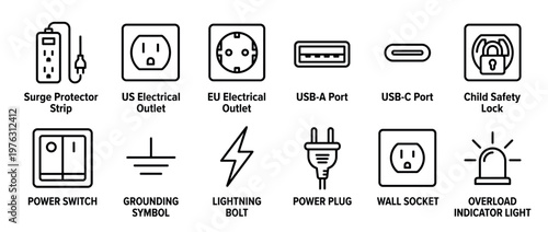 Electrical icons, power symbols, and various outlets, plugs, and ports are depicted in a comprehensive set of line art illustrations.