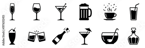 Collection of various drink and beverage icons including champagne, wine, beer, coffee, cocktails, and punch for celebration and refreshment.