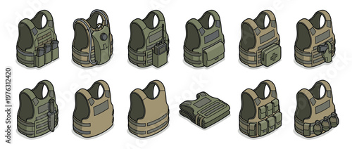 Tactical vests and body armor isometric illustrations set featuring various military and law enforcement protective gear designs.