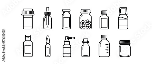 Outline icon set of medical bottles, pharmaceutical containers, and vials for healthcare and pharmacy design elements.