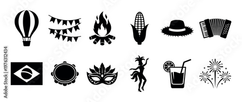 Brazilian festival icons set with traditional elements including hot air balloon, bonfire, corn, straw hat, accordion, flag, mask, dancer, and fireworks.