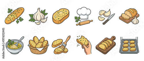 Garlic bread preparation and serving set with various ingredients and kitchen tools in a charming cartoon style illustration.
