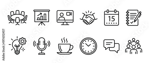 Business meeting communication idea icons collection representing corporate collaboration, online conferences, planning, innovation, and teamwork concepts.