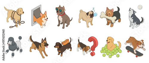 Cute cartoon dogs in various breeds and playful activities, showcasing different personalities and fun scenarios in an isometric style.