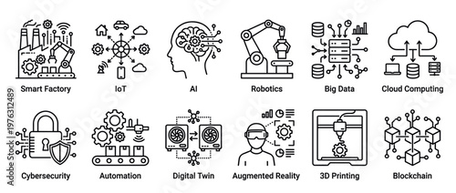 Comprehensive collection of modern technology icons representing industry 4.0, artificial intelligence, robotics, and digital transformation concepts.