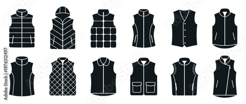 Various styles of vests and waistcoats icon set showcasing different designs for outerwear and formal wear apparel.