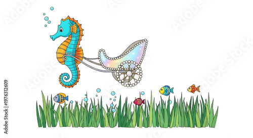 A whimsical vector illustration of a seahorse pulling a baby carriage through an underwater scene with fish and seaweed