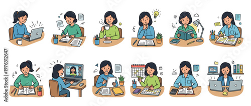 Young woman engaged in various daily activities like studying, working, learning, and thinking, illustrating productivity and education concepts.