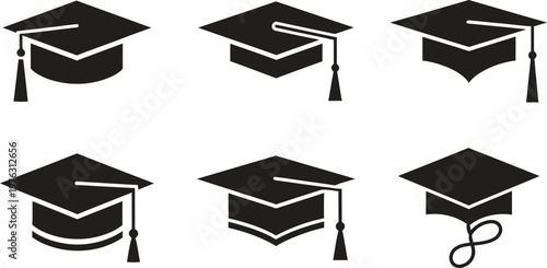 Six black silhouette graduation caps a symbol of academic achievement and future success in higher education
