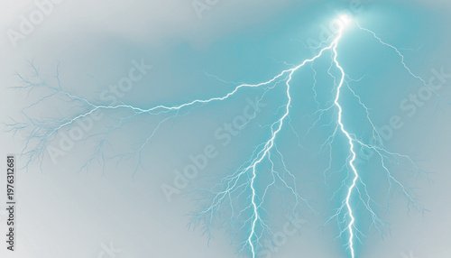 Powerful lightning strike in teal sky, electric bolt discharge during thunderstorm, dramatic weather phenomenon with bright light flashes