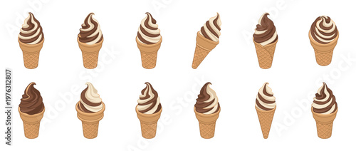 Delicious soft serve ice cream cones with chocolate and vanilla swirl in a sweet dessert illustration pattern.