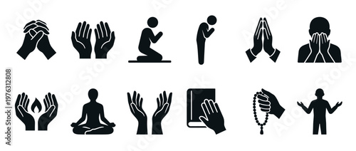 Prayer icons, spiritual symbols, and meditation figures are depicted in a collection of black silhouette illustrations representing various forms of worship and contemplation.
