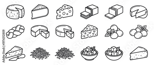 Collection of various cheese types in a hand-drawn line art style, including wheels, wedges, blocks, and shredded forms.