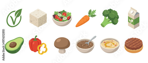 Vegan food items and plant-based diet ingredients displayed as a collection of healthy and sustainable meal components.