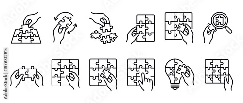Puzzle pieces icons illustrating problem-solving, teamwork, and idea generation through hands assembling jigsaw elements.