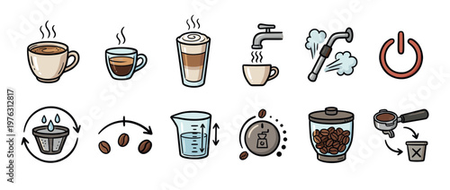 Hand-drawn coffee icons set depicting various stages of coffee preparation, brewing, and different types of coffee beverages.