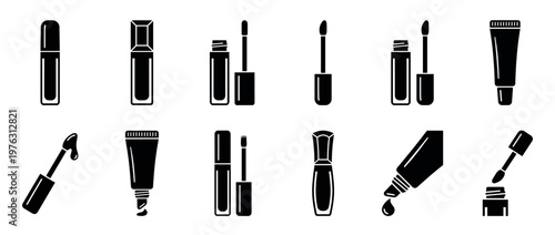 Lip gloss and liquid lipstick cosmetic products illustrated as a collection of black silhouette icons with various applicators.