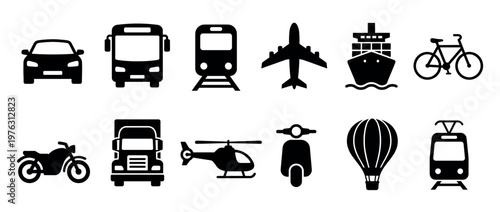 Collection of various transportation icons including car, bus, train, airplane, ship, bicycle, motorcycle, truck, helicopter, scooter, hot air balloon, and tram.