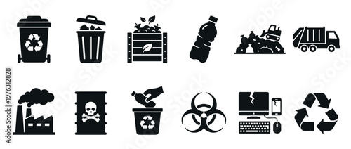 Waste management, recycling, and pollution icons representing environmental protection, hazardous materials, and disposal processes in a comprehensive set.