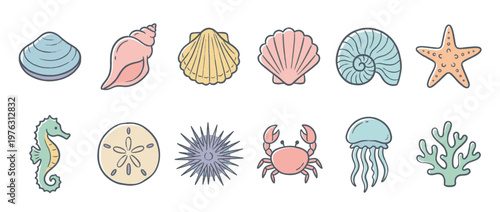 Marine life illustrations featuring various sea creatures like seashells, starfish, seahorse, crab, jellyfish, and coral in a cute doodle style.
