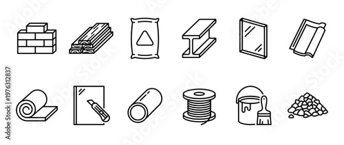 Construction materials and building supplies line art icons set for architecture, engineering, and home improvement projects.
