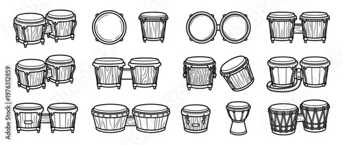 Collection of various bongo drums and percussion instruments in a black and white line art illustration style.
