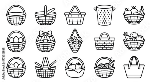 Collection of various outline basket icons, including picnic baskets, fruit baskets, and Easter egg baskets, in a simple linear style.