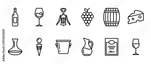 Wine icons collection featuring various essential elements for winemaking, tasting, and serving in a modern line art style.