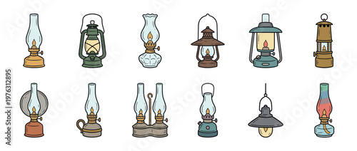 Collection of various vintage oil lamps and lanterns with glowing flames, showcasing different antique designs and styles for illumination.
