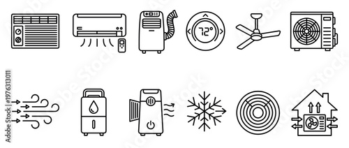 Air conditioning HVAC climate control icons collection illustrating various cooling, heating, and ventilation systems for home and commercial use.