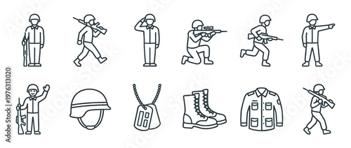 Soldiers and military equipment line icons set depicting various army personnel actions and essential gear for combat and service.
