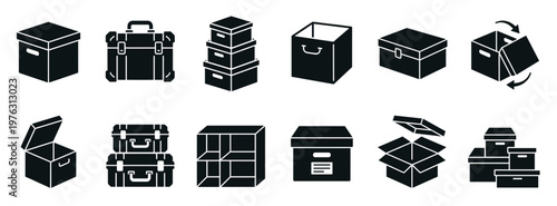 Collection of various storage boxes, shipping containers, and packaging crates in a clean, modern silhouette icon set for logistics and delivery.