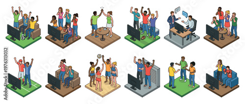 Isometric illustrations of people enjoying sports, entertainment, and social activities in various settings, showing different emotions and interactions.