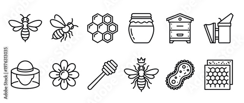 Beekeeping and honey production icons set featuring bees, honeycomb, beehive, jar, and beekeeper tools in a simple line art style.