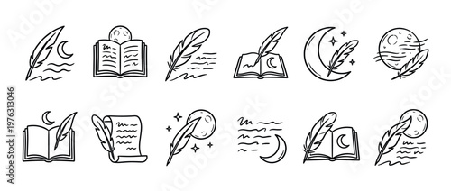 Quill pen book moon writing doodle icons set representing poetry, literature, storytelling, and creative imagination in a hand-drawn style.