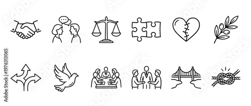 Social issues, peace, justice, communication, and relationship icons representing various concepts like agreement, conflict resolution, unity, and decision-making in a simple line art style.