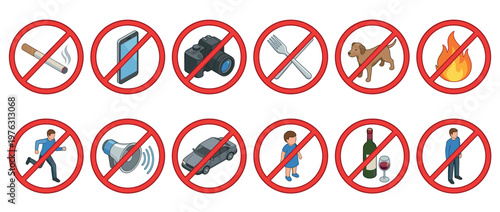 Set of prohibition signs depicting common forbidden actions and restricted objects for safety and regulation in various environments.