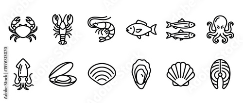 Seafood icons collection featuring various marine animals like crab, lobster, shrimp, fish, octopus, squid, clams, oysters, and scallops in a clean line art style.
