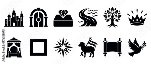 Set of various religious symbols and spiritual icons representing faith, royalty, nature, and divine concepts.