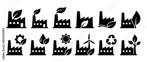Factory icons representing eco-friendly industrial production, green energy, sustainable manufacturing, and environmental protection concepts in a modern vector illustration set