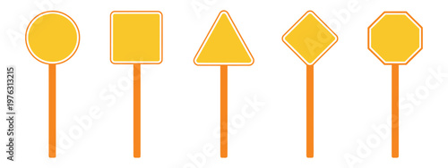 Blank yellow road signs set on white background. Empty traffic signaling boards in circle, square, triangle, and diamond shapes for warning concepts. Vector Illustration.
