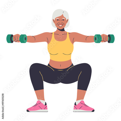 Active Senior Woman Doing Dumbbell Squat