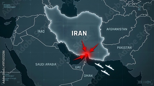 A map of the Middle East showing Iran, with an explosion symbol over the Persian Gulf and fighter jets, indicating military conflict or geopolitical tension.
