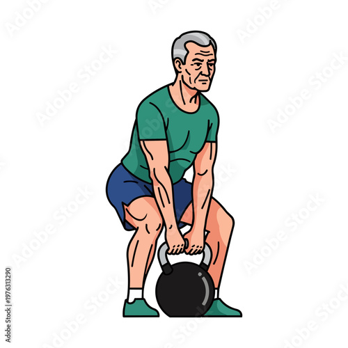 Fit Elderly Man Doing Kettlebell Deadlift
