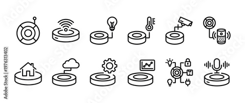 Smart home icons representing various interconnected devices and concepts for modern intelligent living systems and automation technology.