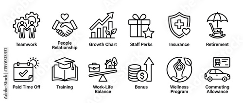 Employee benefits icons, a comprehensive collection illustrating various workplace concepts, advantages, and staff incentives.
