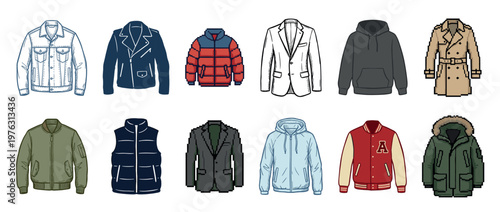 Collection of various men's outerwear garments including jackets, coats, hoodies, and vests in different styles and colors.