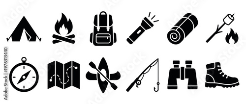 Camping outdoor adventure travel nature icons set featuring essential gear and equipment for wilderness exploration and recreational activities.