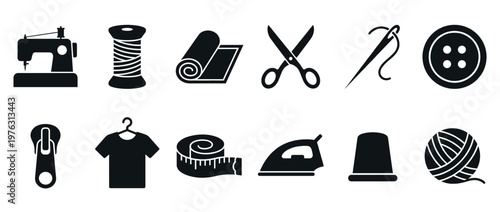 Sewing and tailoring craft tools and equipment icons set including machine, thread, fabric, scissors, needle, button, zipper, iron, and yarn.